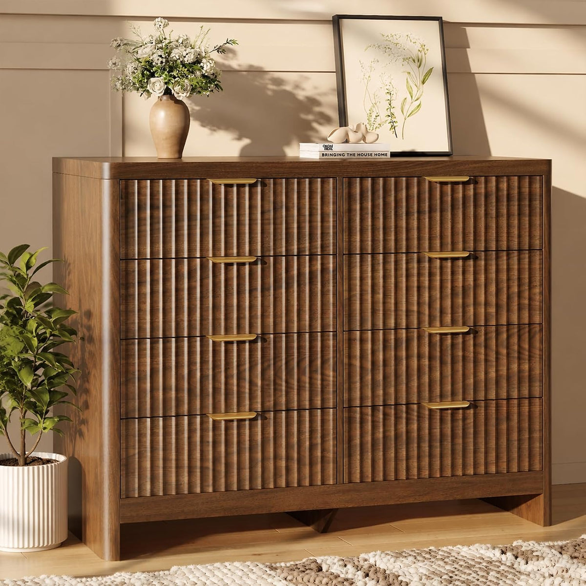 Fluted 8 Drawer Dresser for Bedroom, 47" Wide Modern Chest of Drawers wi...