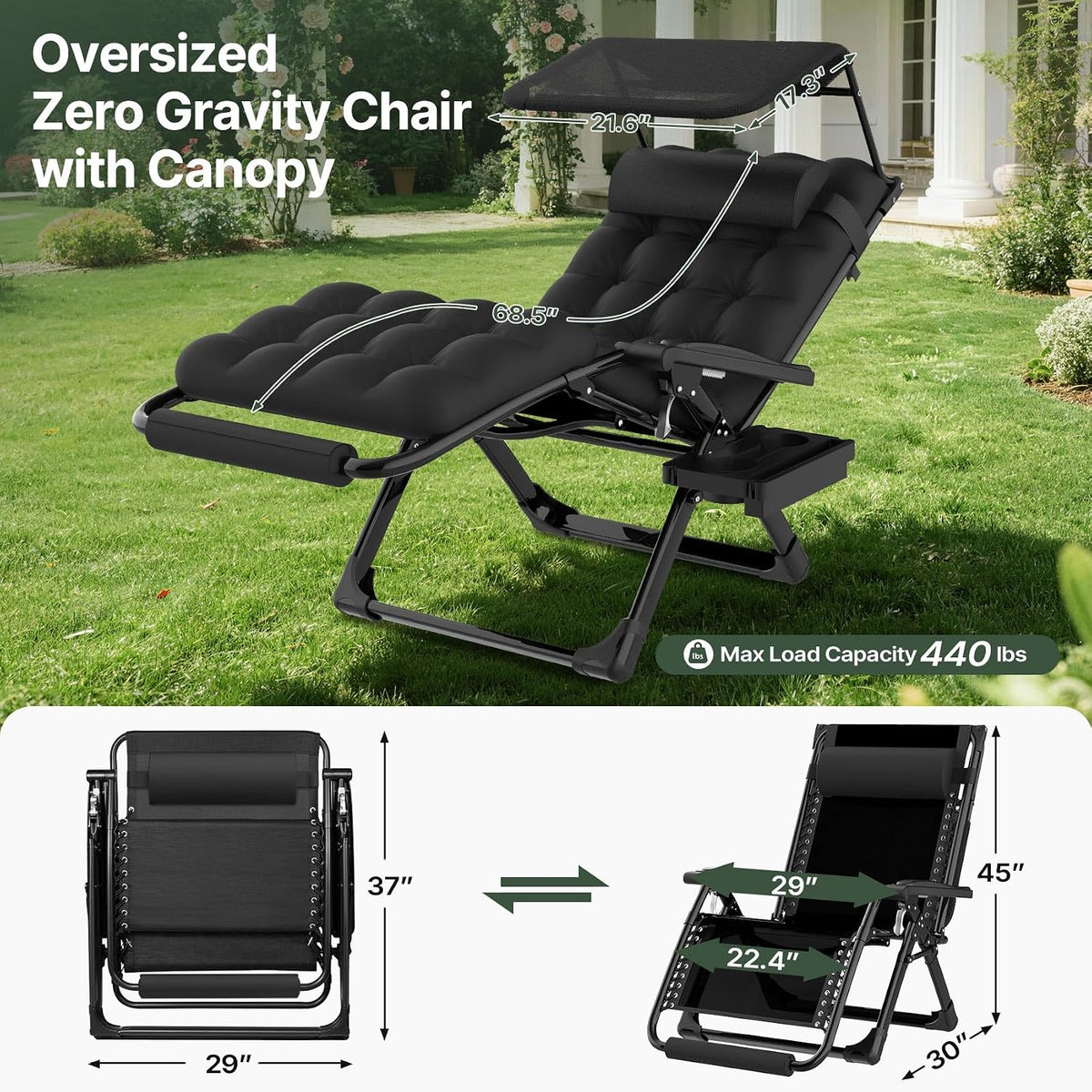 Suteck Zero Gravity Chair with Canopy, 29In XL Oversized Lounge Chairs