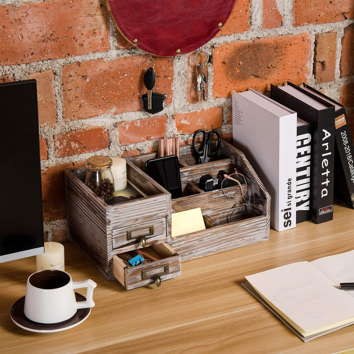 Liry Products Rustic Torched Wooden Desktop Organizer Dark Brown Tabletop Sto...