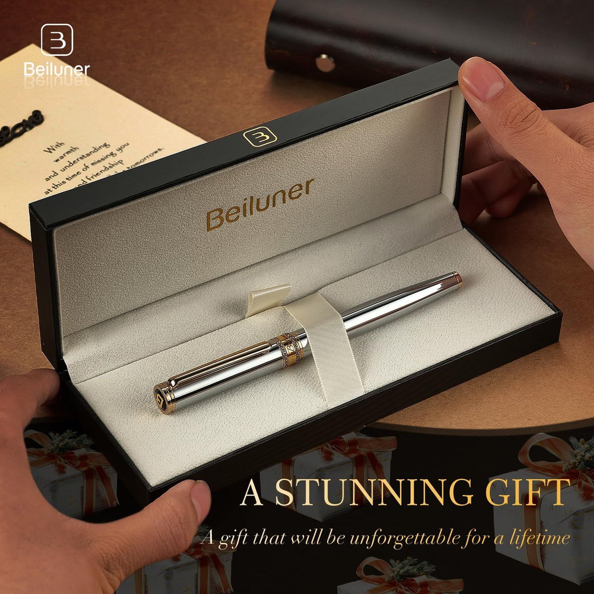 BEILUNER Silver Chrome Rollerball Pen, Diamond-Studded Cap Design, 24K Gold T...