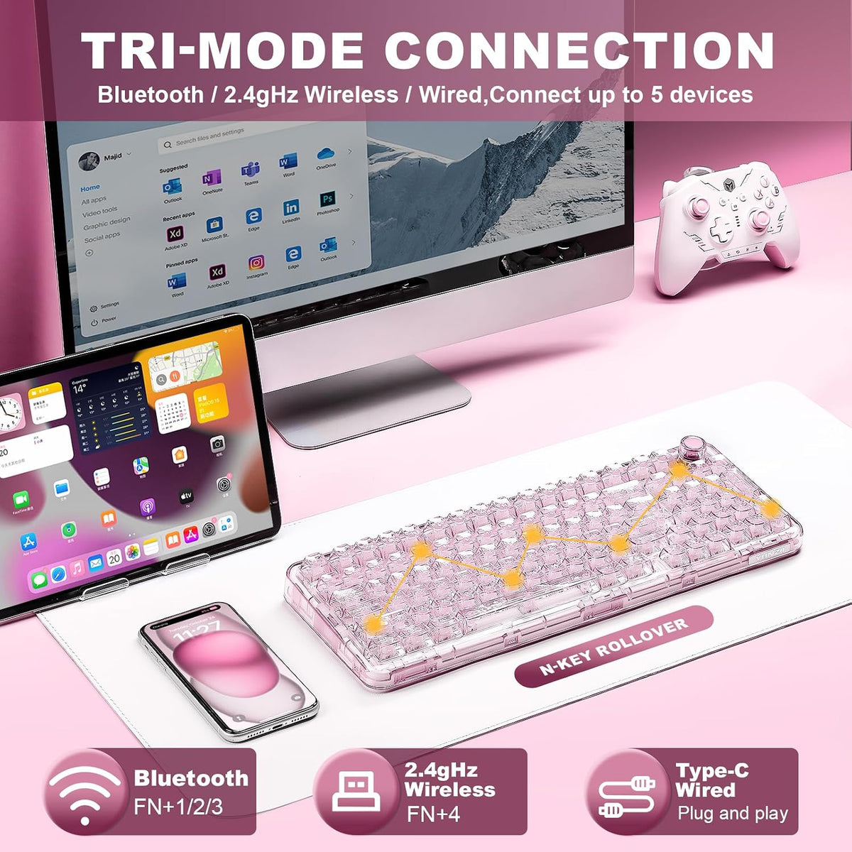 YUNZII X98 Wireless Mechanical Keyboard with Knob (Pink, Crystal Switch)