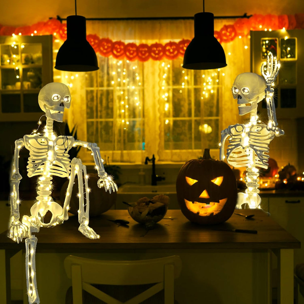 2 Pack 40 Inches Plug Operated 400 LED Light Up Halloween Skeleton Full Body ...