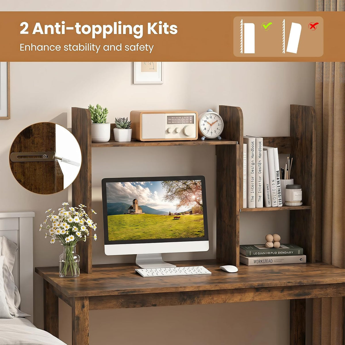 Tangkula Extendable Desktop Bookshelf, Dorm Desk Hutch, Rustic Brown
