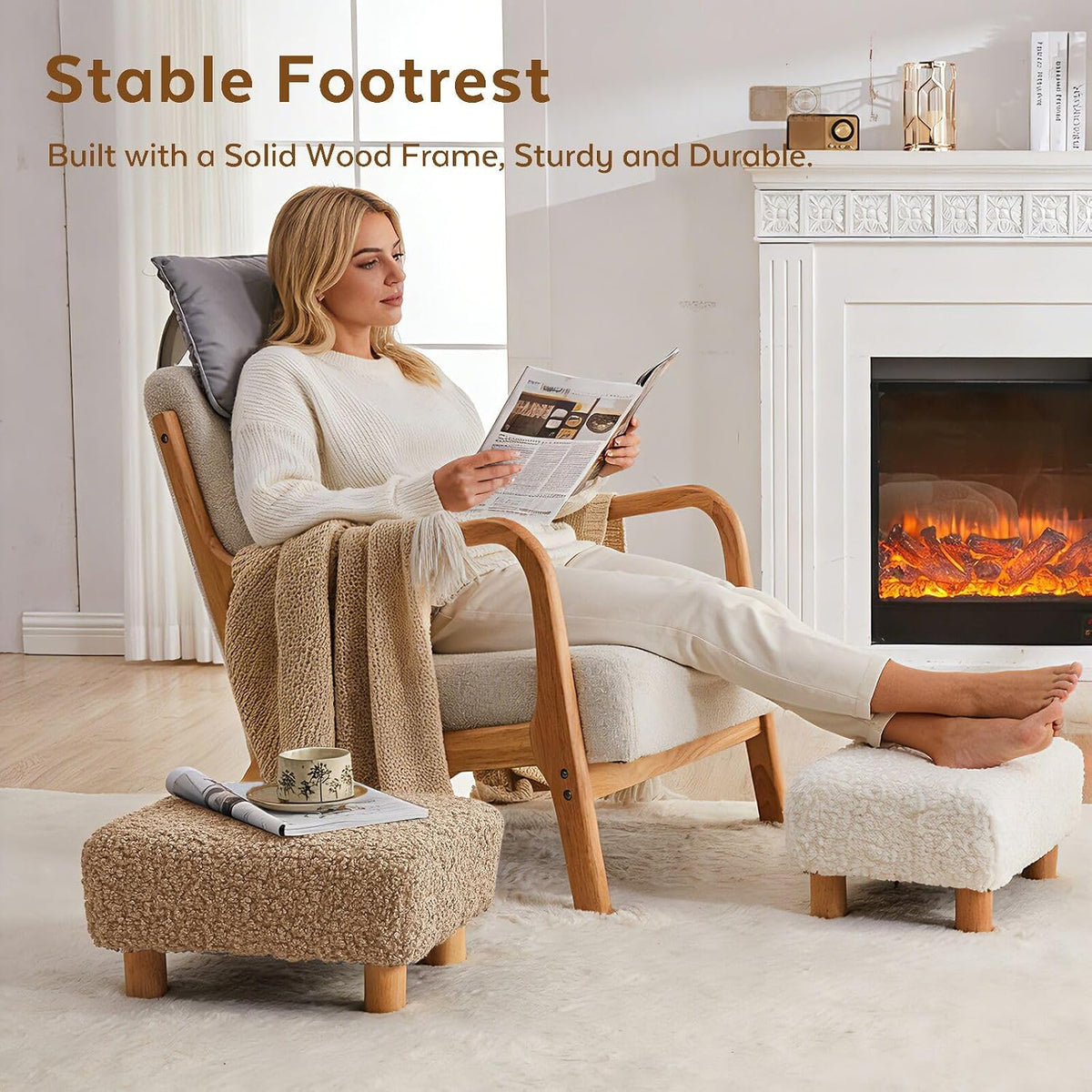 Small Foot Stool Ottoman, Sherpa Footstool Ottoman Foot Rest for Couch, Recta...