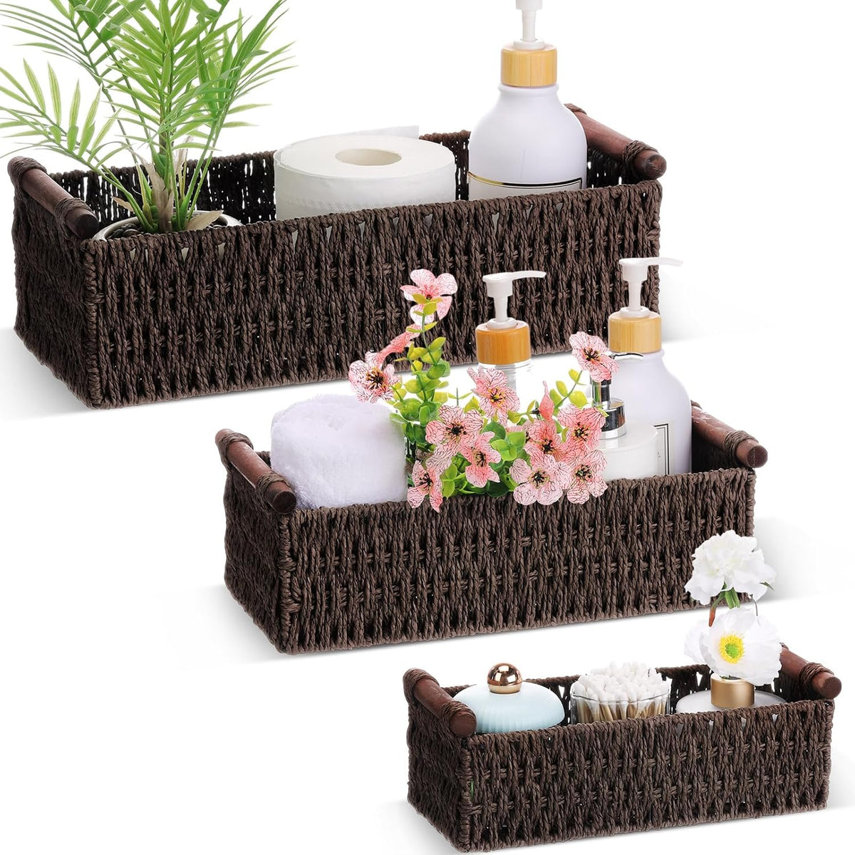 Boao 3 Pcs Boho Storage Wicker Baskets Handmade Woven Decorative Paper Rope B...