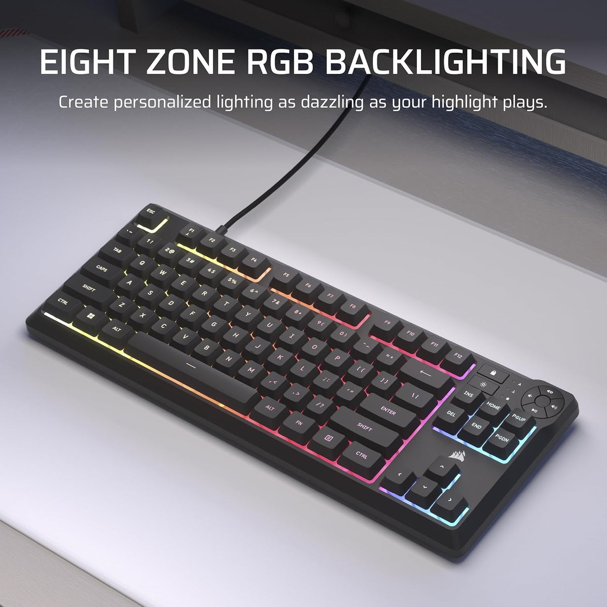Corsair K55 CORE TKL RGB Gaming Keyboard – Tenkeyless, 8-Zone RGB, Quiet Memb...