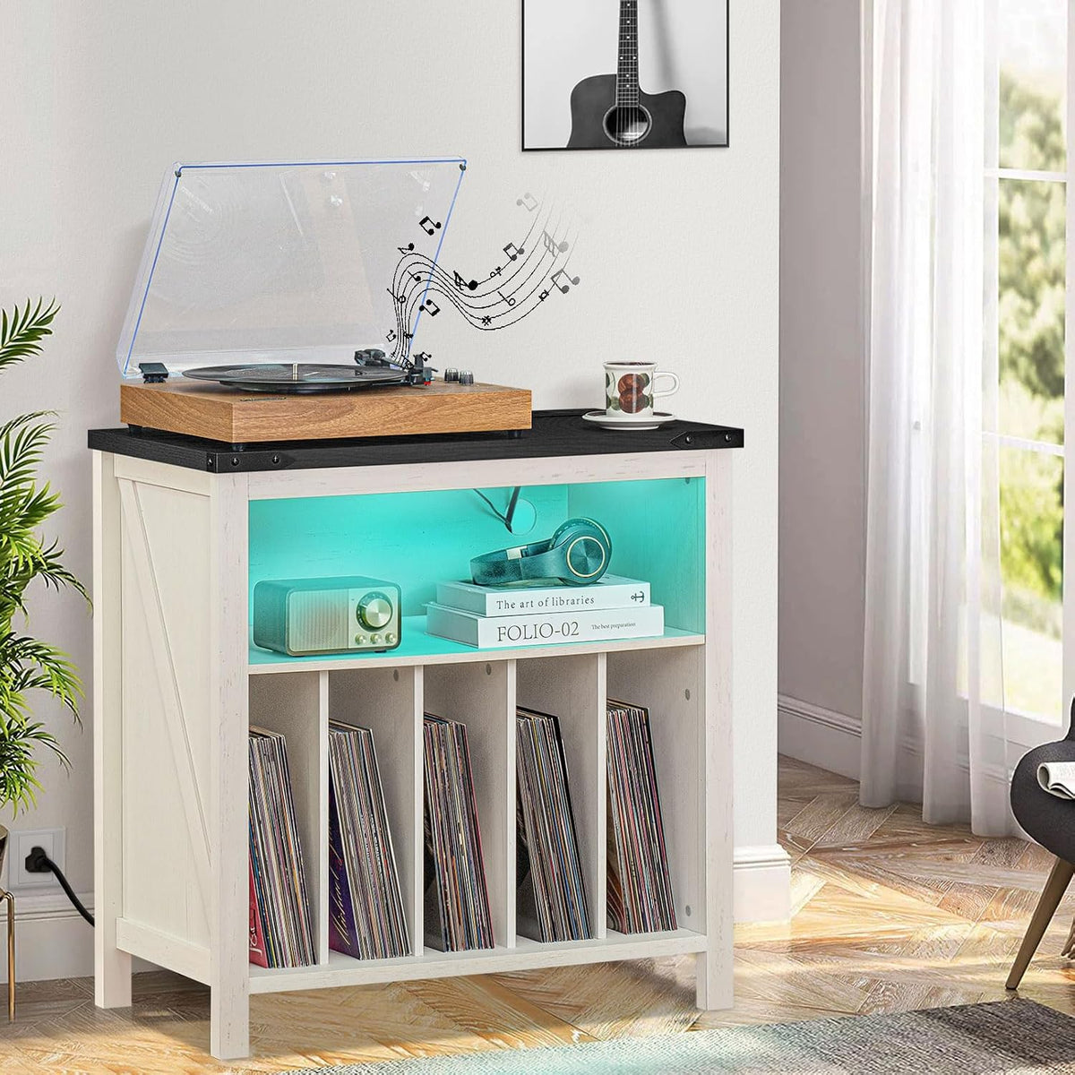 Joaxswe Large Record Player Stand with Charging Station & LED Lights, Vin...