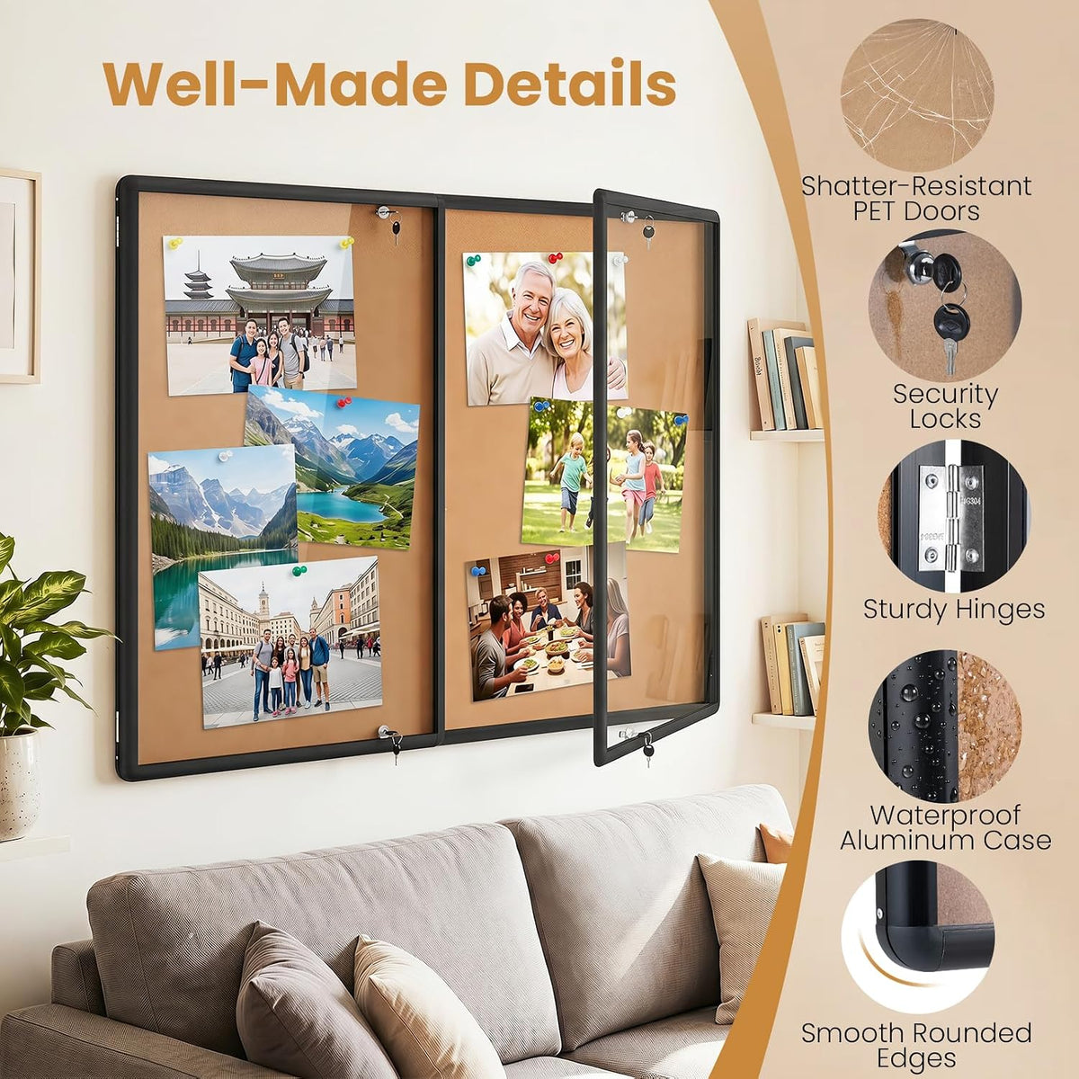 Goplus Enclosed Bulletin Board, 47.5” x 35.5” Lockable Cork Notice Board