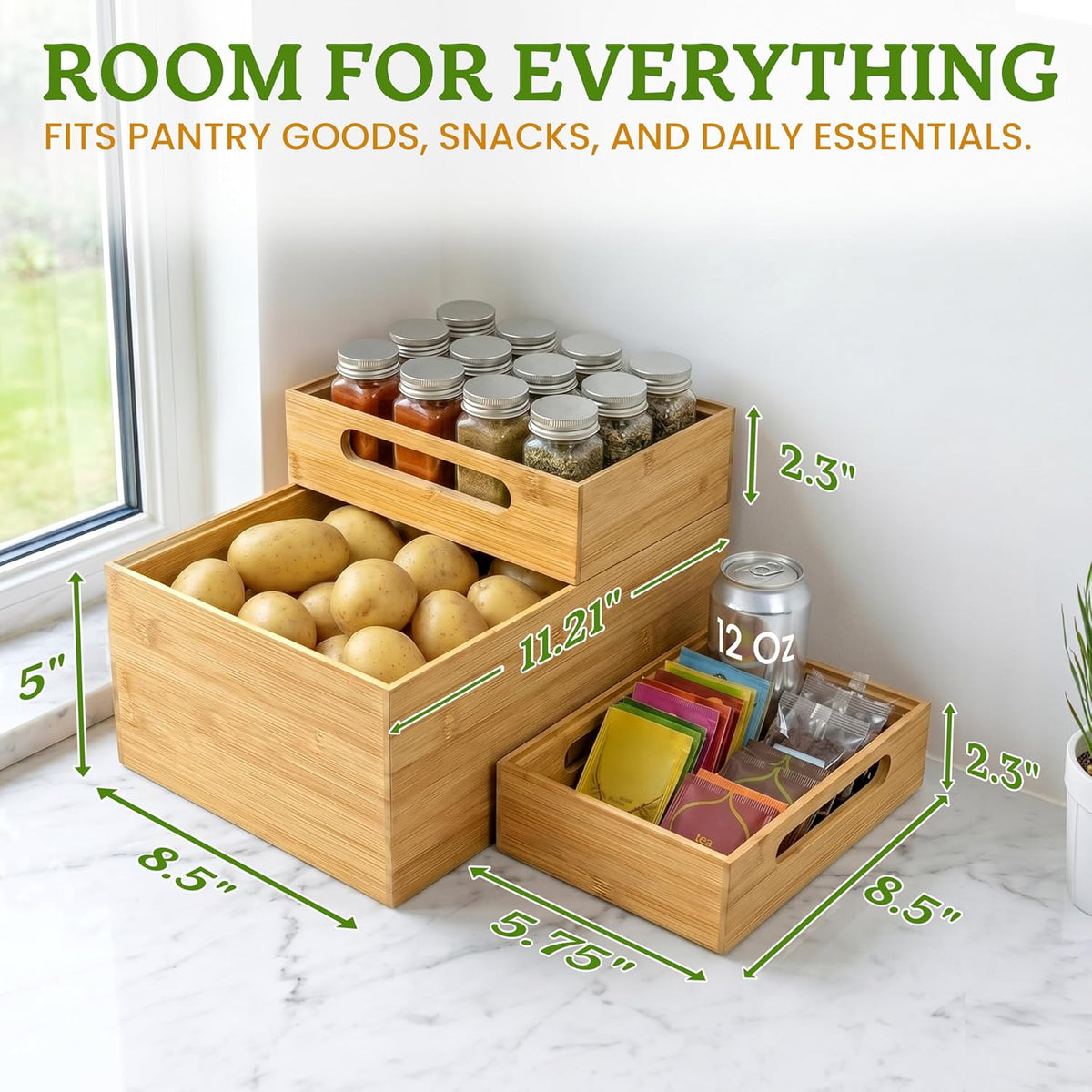 HOMESTEAD 3-Piece Stackable Bamboo Storage Box, Large Storage Bin, Wooden Box...