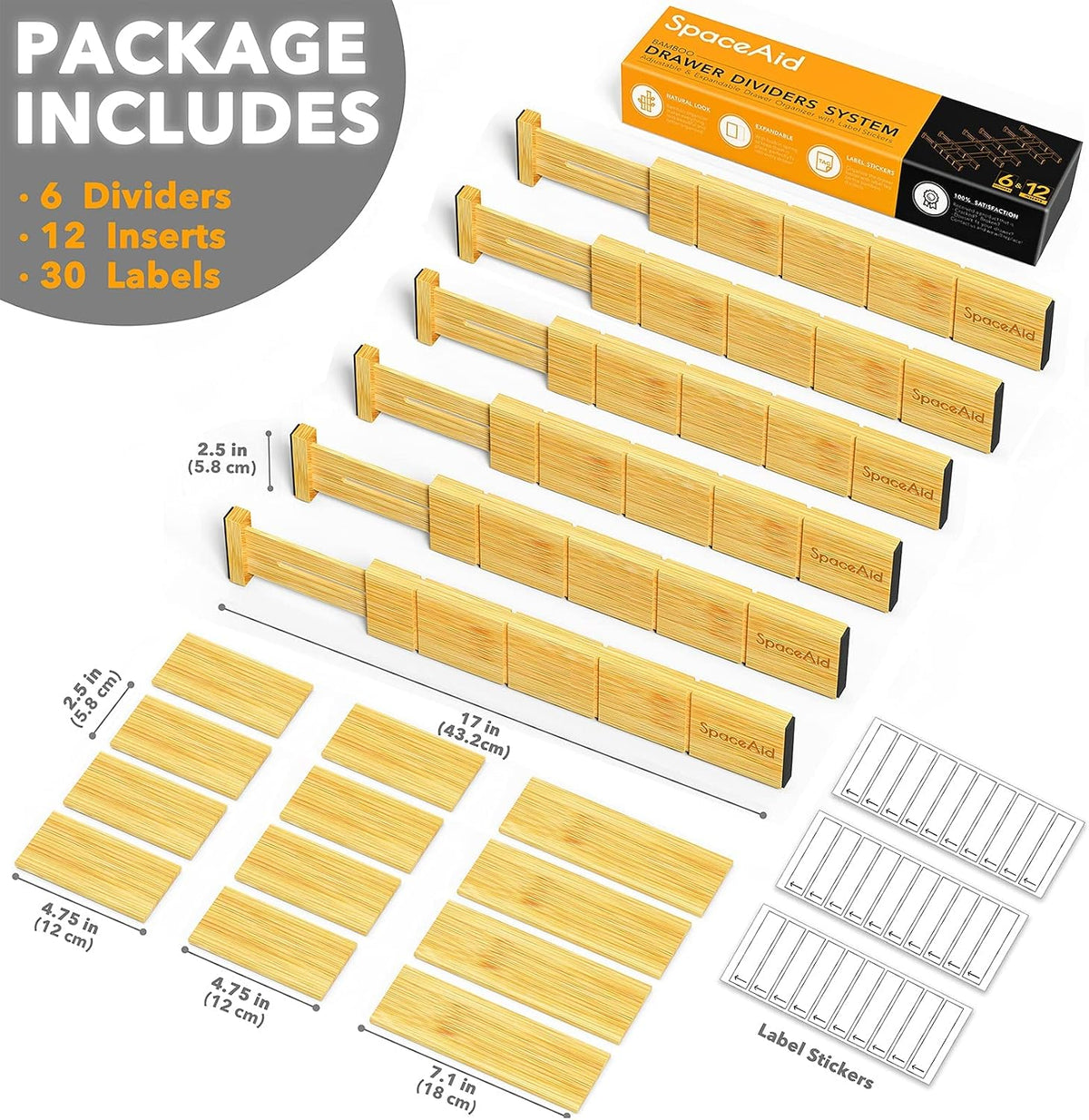 SpaceAid Bamboo Drawer Dividers with Inserts and Labels, Kitchen Adjustable D...