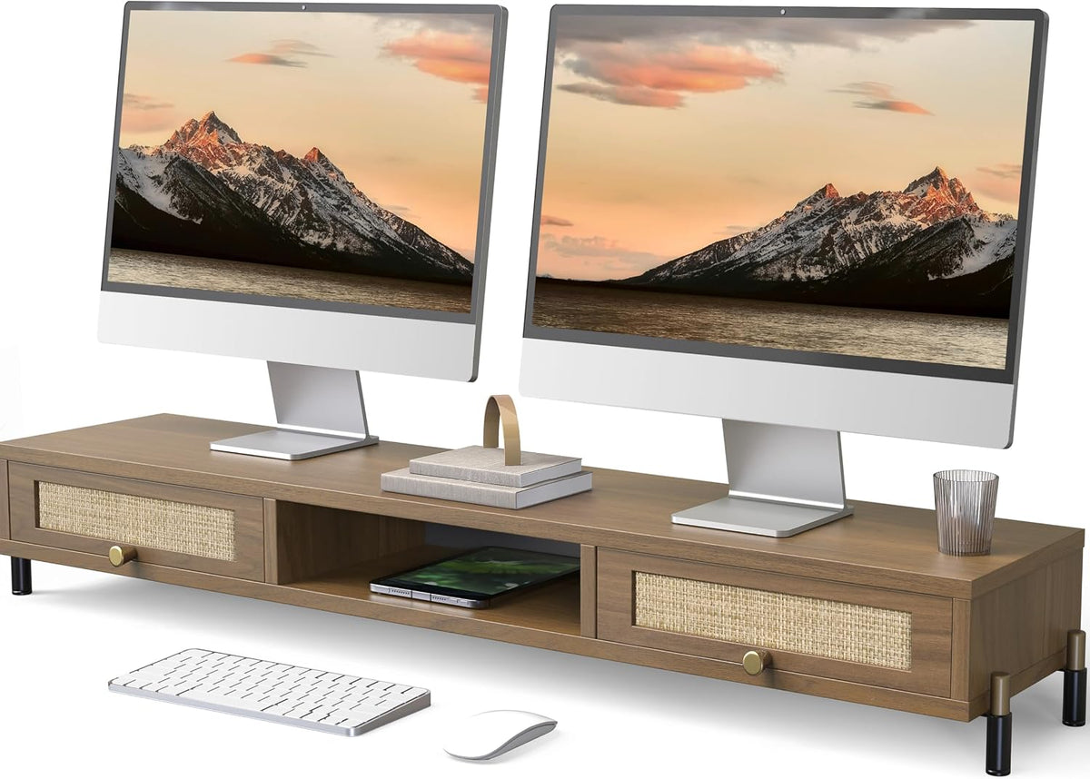Fenge Dual Monitor Stand, Wooden Riser with Rattan Woven Flip Drawers