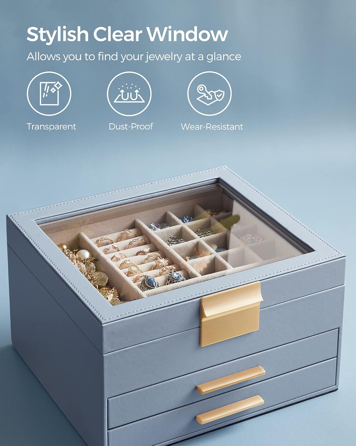 SONGMICS Jewelry Box Organizer, 3-Layer Storage with 2 Drawers, Glass Lid