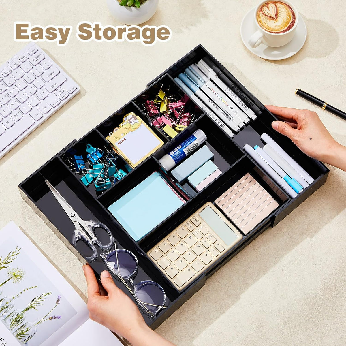 Briwooody Black Acrylic Drawer Organizer Expandable,8 Compartments,Large