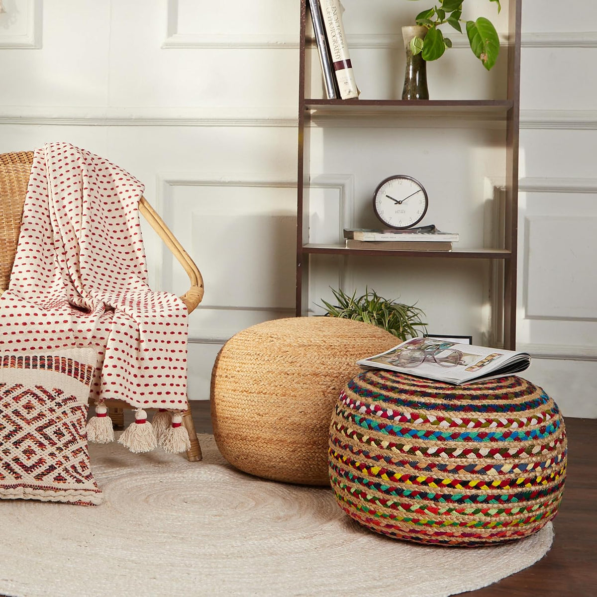 · REDEARTH · Jute Braided Pouf - Circular Boho Foot Stool - Multi, Set of 2