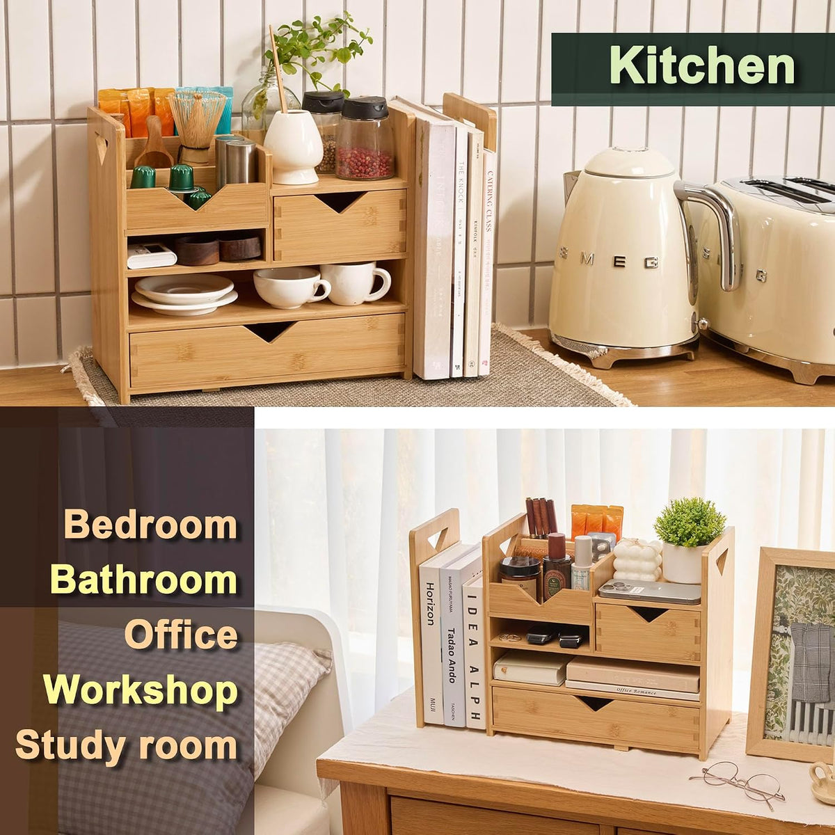 Pandorama Bamboo Desk Organizer Medium - Drawers & Adjustable File Holder...