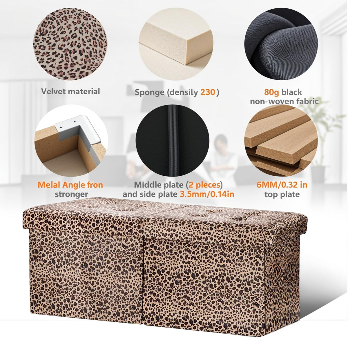 AmasSmile Footrest Ottoman Storage Bench,34" Velvet Folding Chest,Leopard