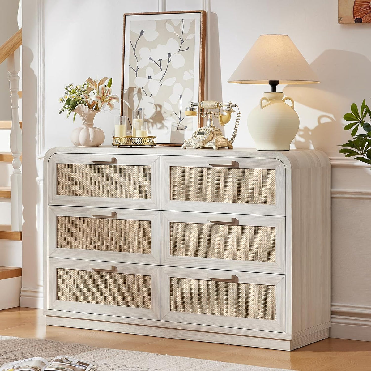 LEYAOYAO Rattan 6 Drawer Dresser for Bedroom, Grey White