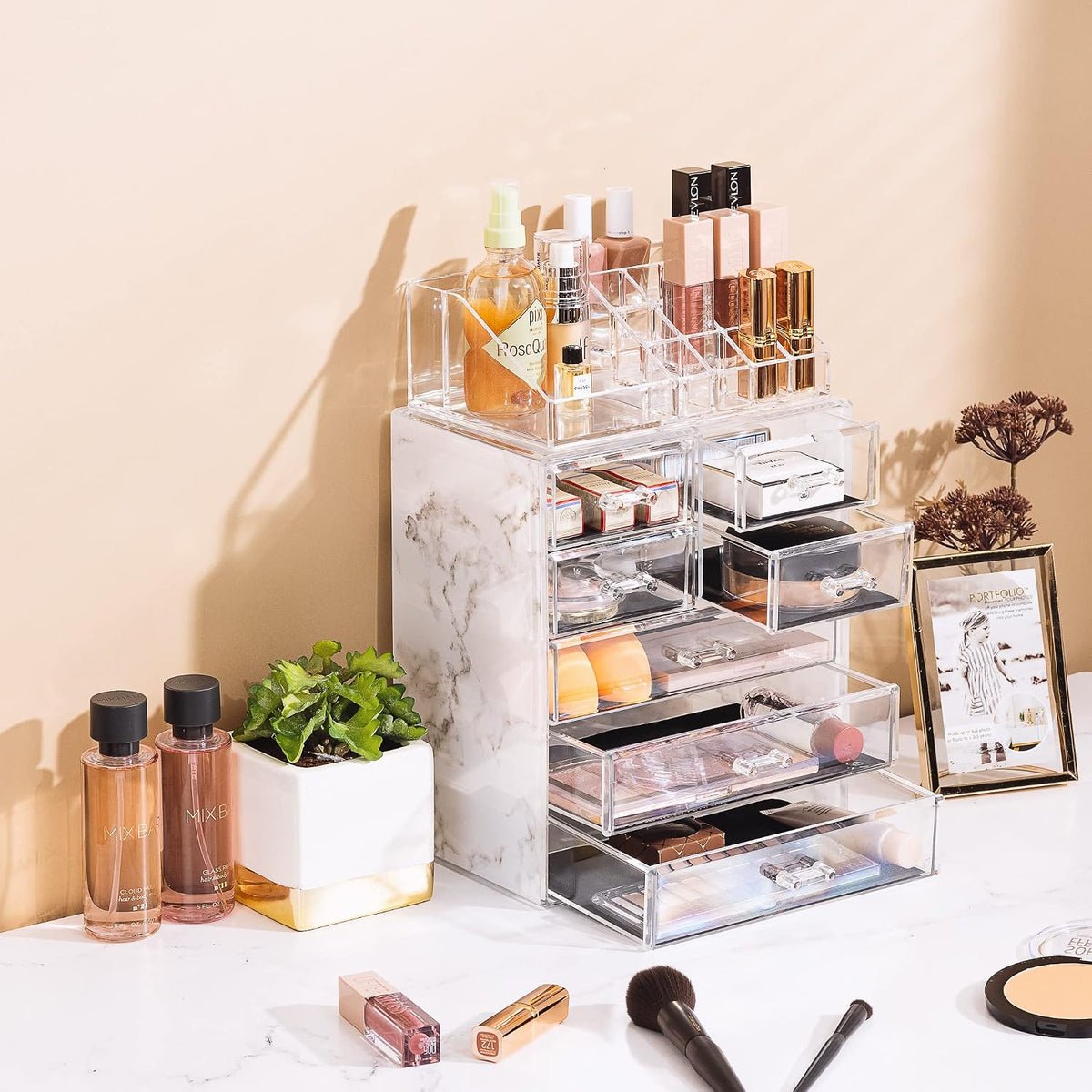 Sorbus Makeup Organizer, 7-Drawer Acrylic 2-Piece Set (Marble Print)
