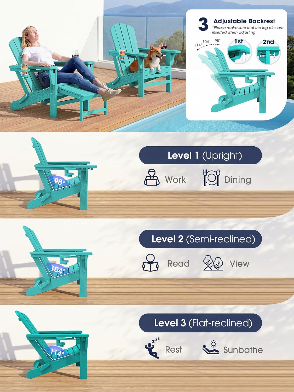 KINGYES Folding Adjustable Adirondack Chair with Ottoman & 2 Cup Holders,...