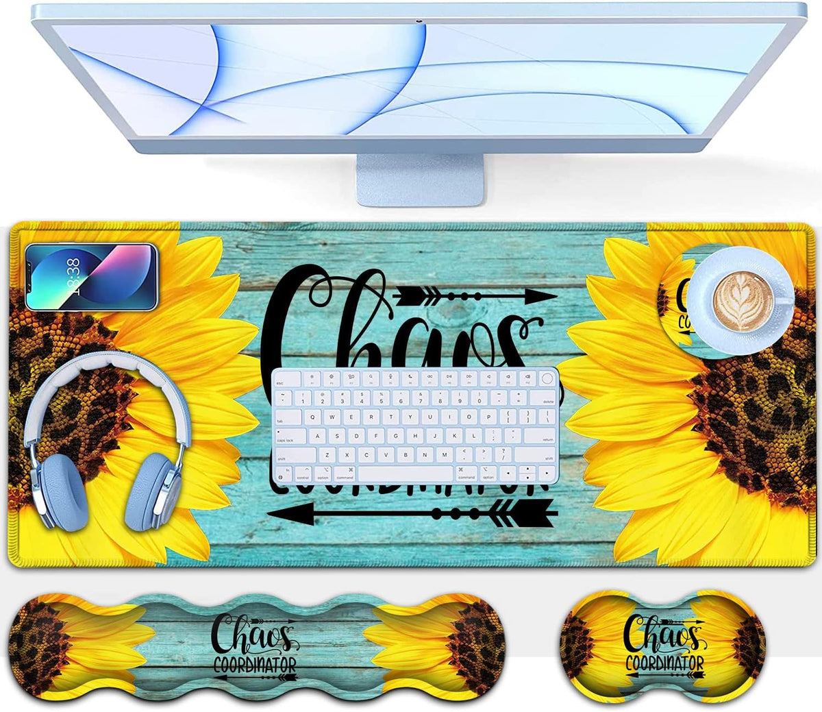 Desk Pad, Keyboard Mouse Pad Set, Extended Gaming Mouse Pad+ Ergonomics Memor...