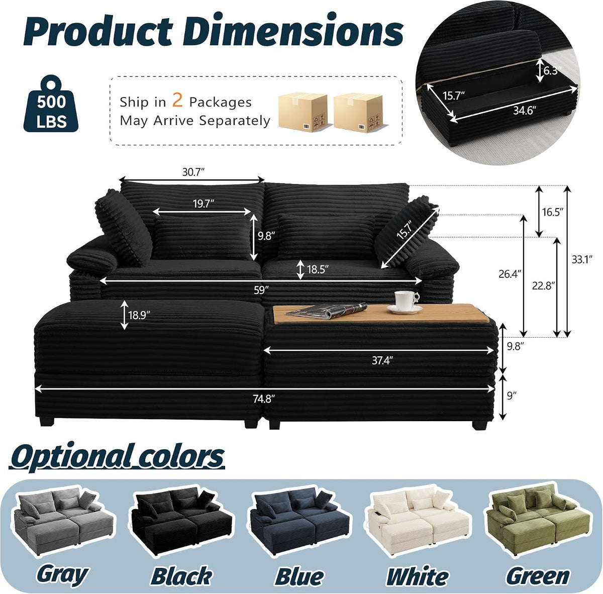 75" Corduroy Loveseat Sofa with 2 Storage Ottoman, USB Charging, Black