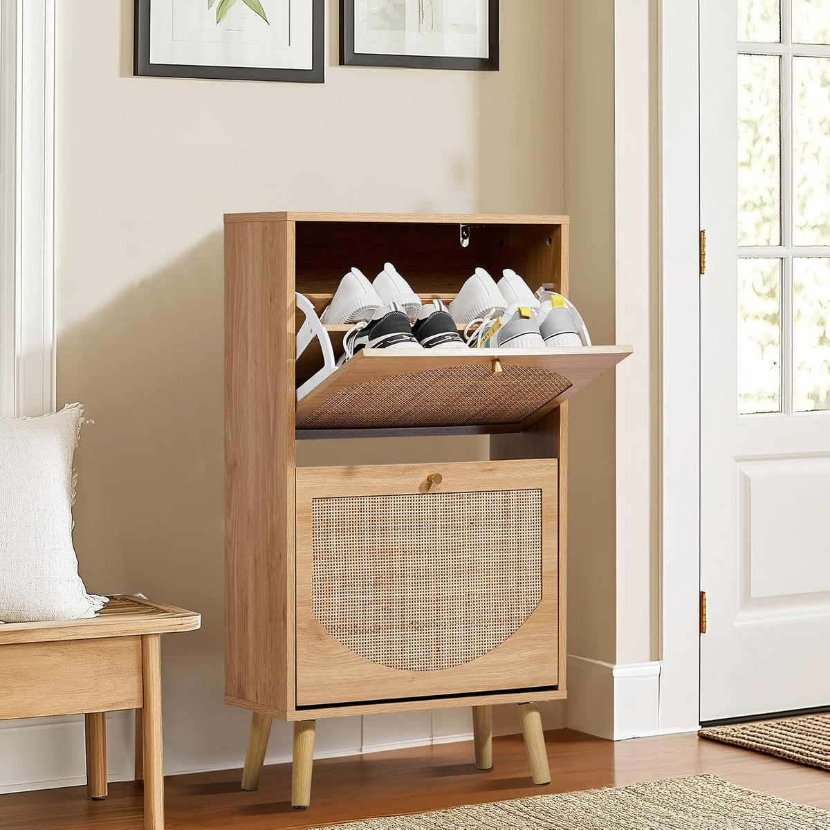 Karl home Natural Rattan Shoe Cabinet, 2 Flip Drawer Entryway Organizer
