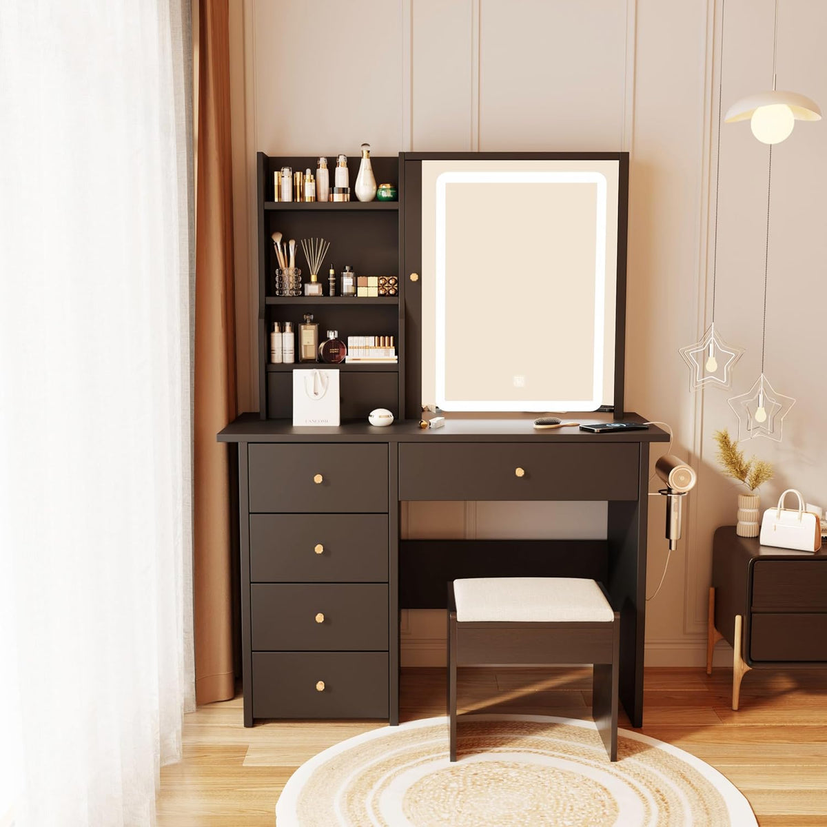 Vanity Desk with Mirror and LED Lights, Makeup Vanity Set with Power Outlet, ...