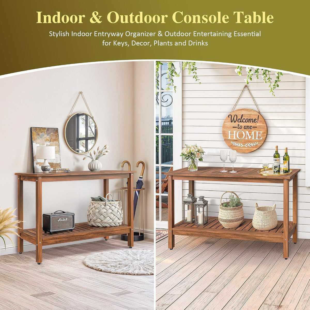 SUPER DEAL 2-Tier Solid Wood Side Table, Outdoor Console Table with Storage S...