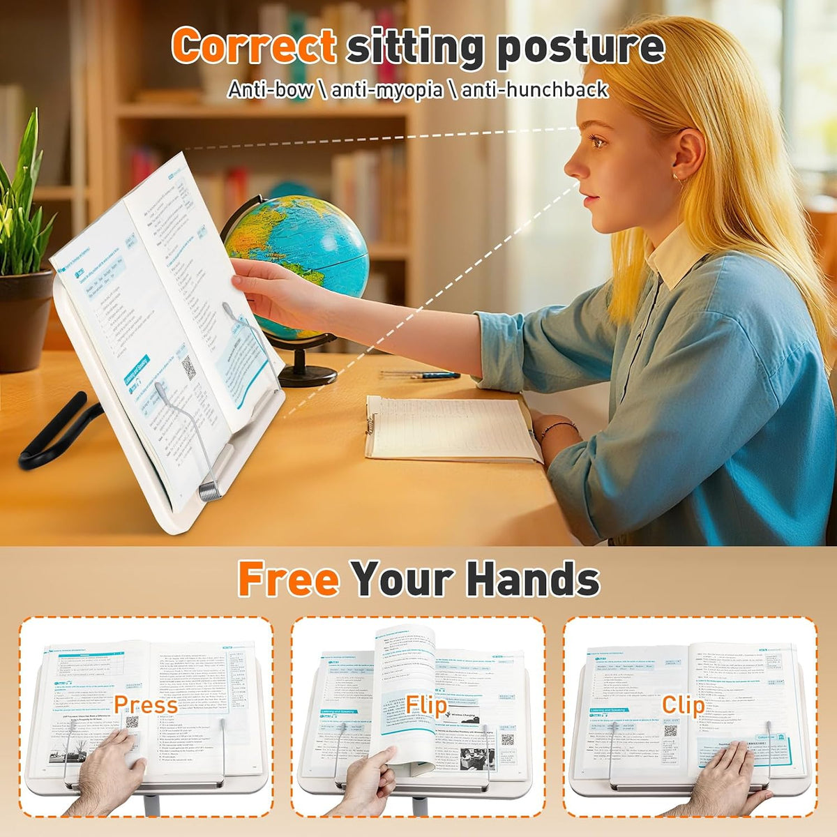 2-in-1 Floor Standing Book Stand, Foldable Book Holder for Reading with Page ...