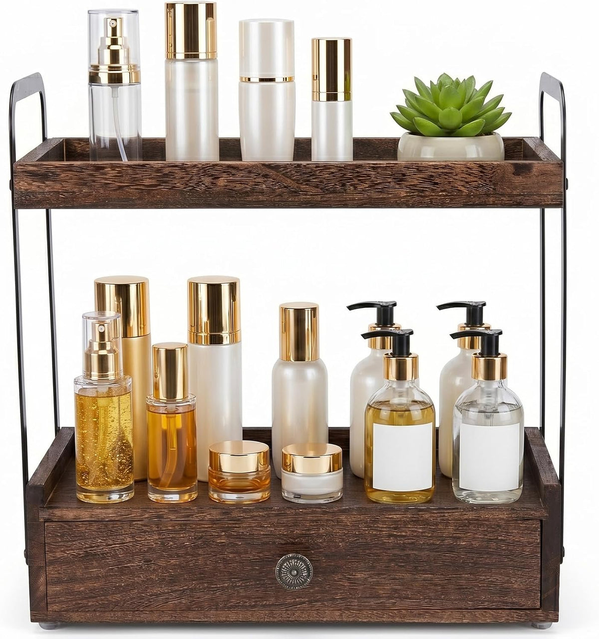 2-Tier Bathroom Counter Organizer with Drawer, Wooden Vanity Countertop Organ...