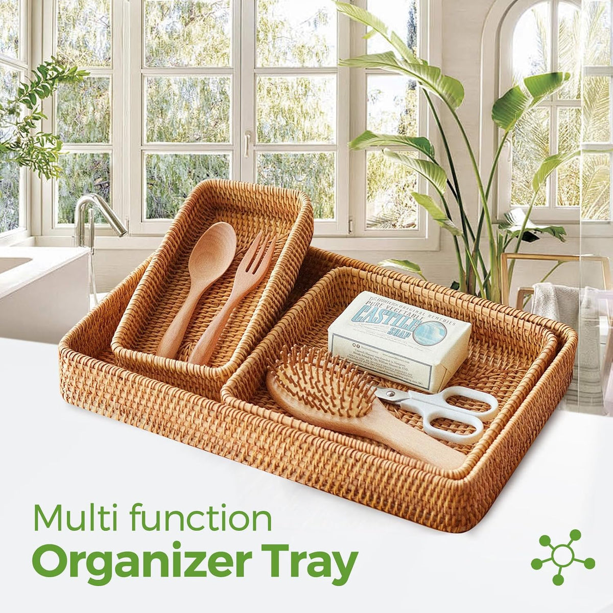 Rattan Serving Tray,Rectangle Wicker Storage Basket Set of 3 for Organizing
