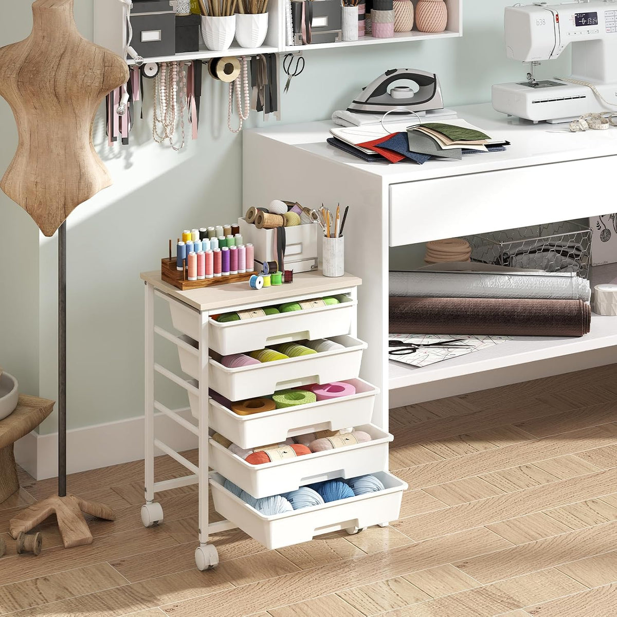 Giantex 5 Drawers Rolling Cart with Wheels, Wood Top, Sturdy Frame