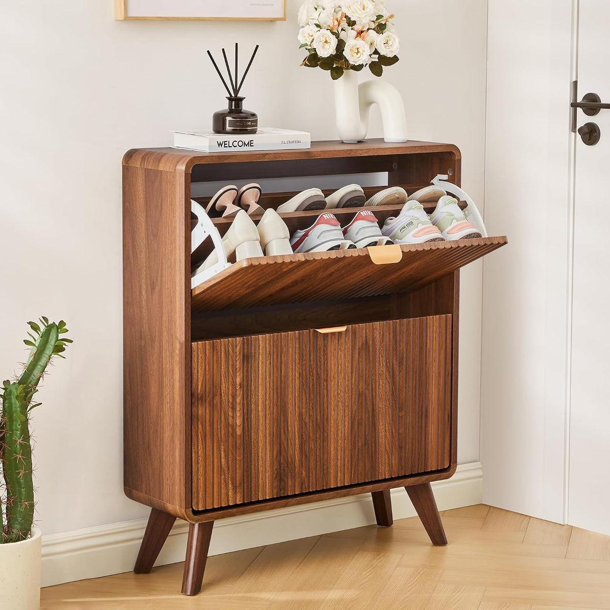 RARZOE Fluted Shoe Cabinet for Entryway, 27.5''Walnut