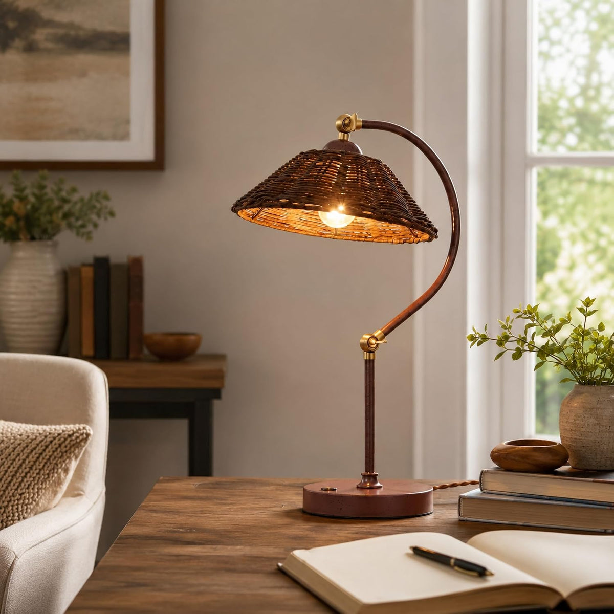 Touch Control Vintage Brown Rattan Table Lamp Set of 2 Adjustable Swing Arm