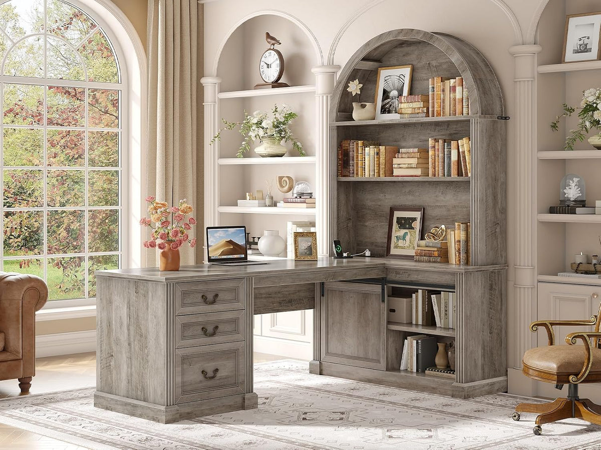 SEDETA 67" L Shaped Desk with Tall Arched Bookshelf & 3 Drawers Storage