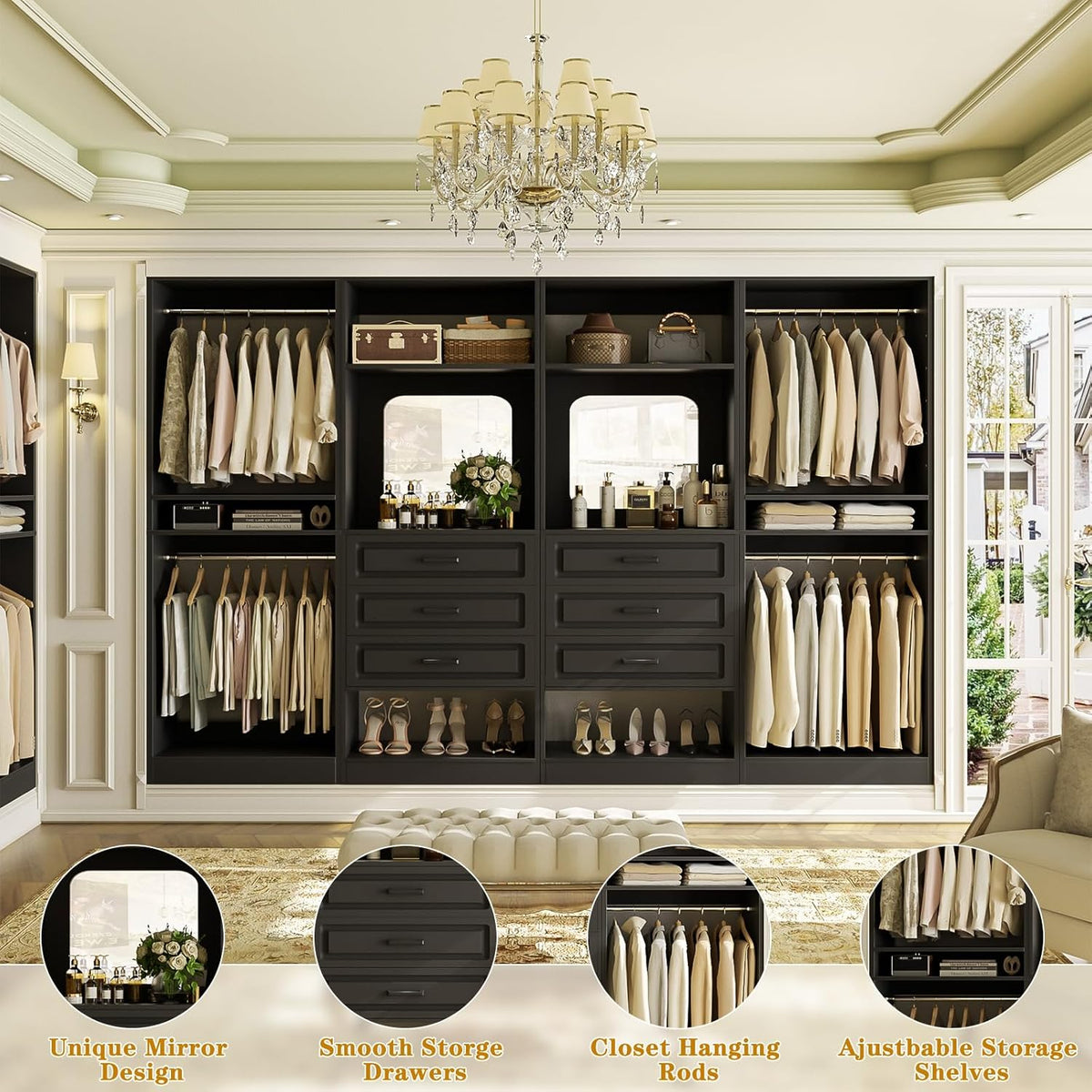 Unikito Closet System, 100" Closet Organizer with Drawers & Mirror, ...