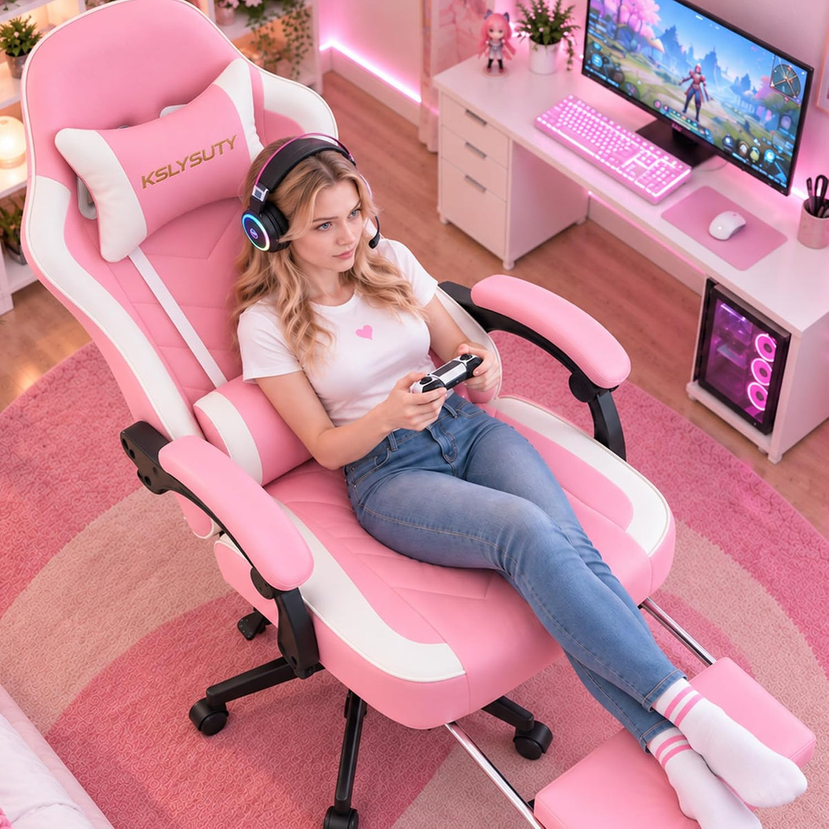 Mistpeople Gaming Chair, Ergonomic High Back Computer Chair with Footrest, Lu...