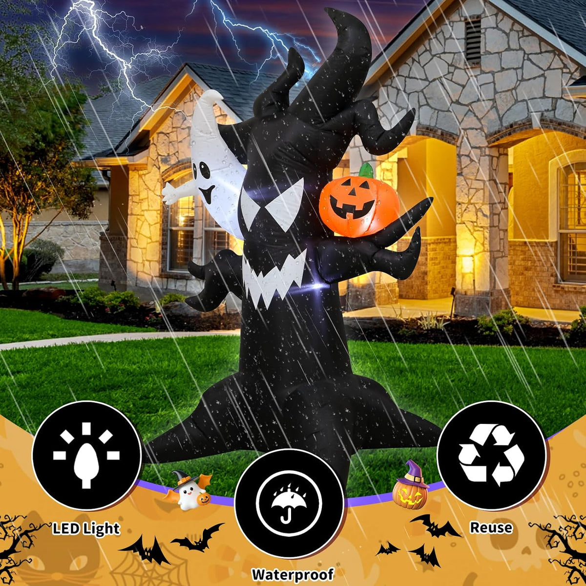 6ft Haunted Tree Inflatable Ghost & LED Pumpkin, Halloween Yard Decor