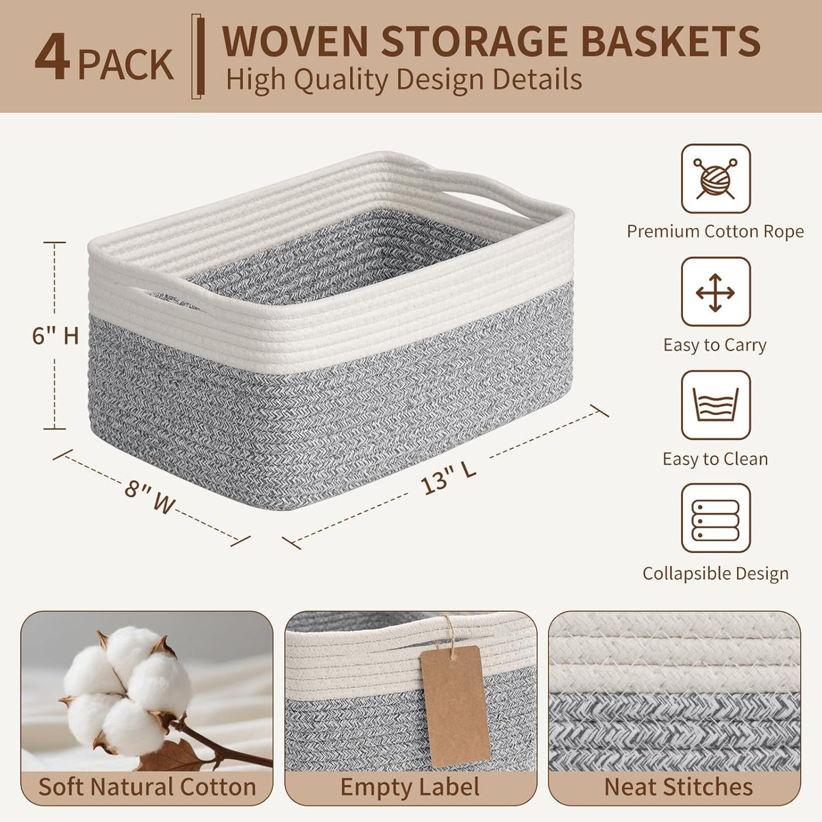 Goodpick 4 Pack Storage Baskets for Organizing Shelves, Gray & White