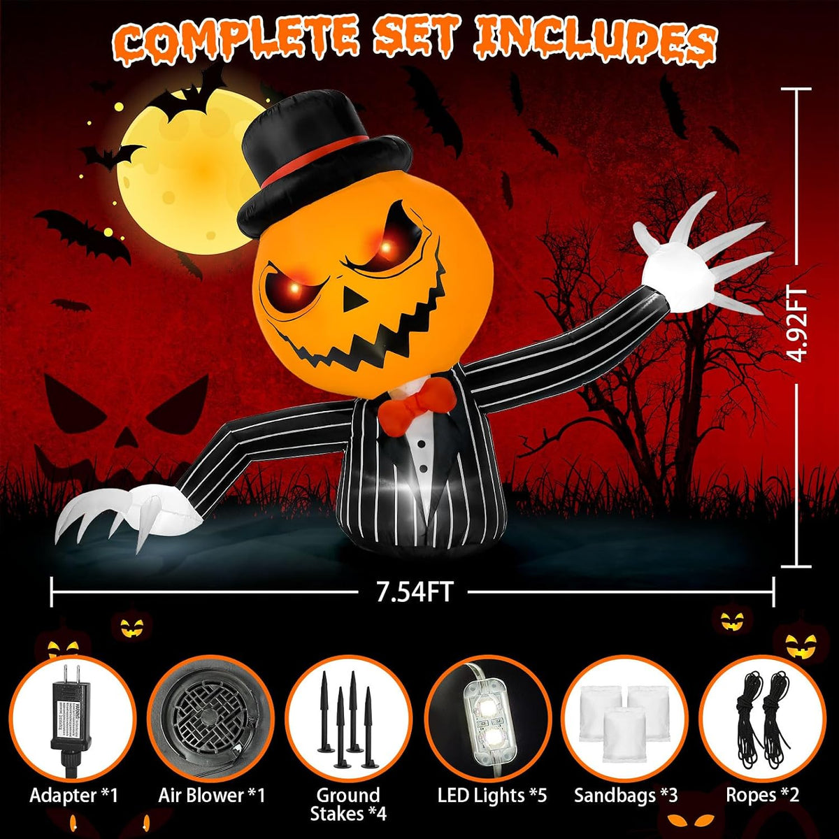 7.5FT Long Halloween Inflatable Pumpkin Ghost Outdoor Decorations, Giant Blow...