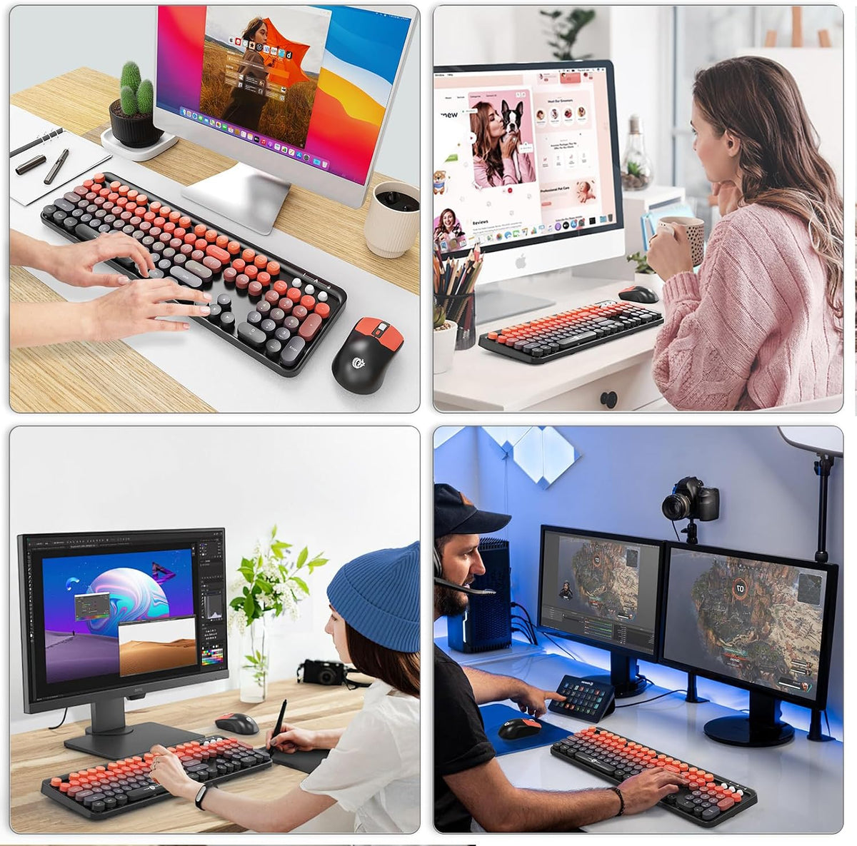 FOPETT Wireless Keyboard and Mouse Combo, 104 Keys Full-Sized 2.4 GHz Round K...