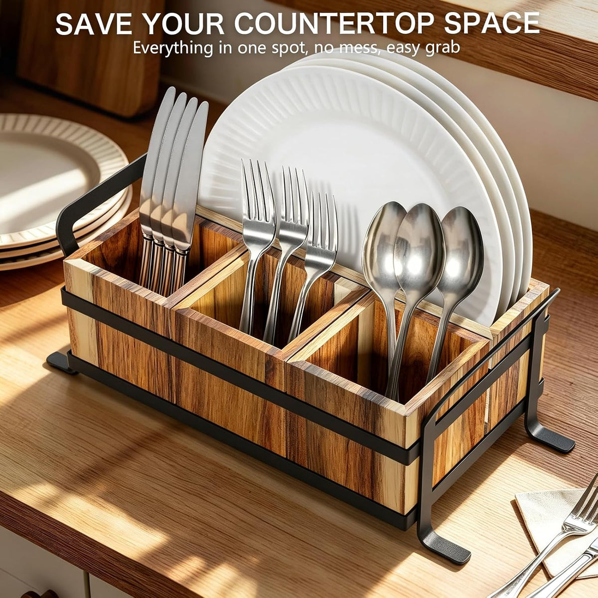 Acacia Wood Silverware Caddy for Party, 4 Compartment