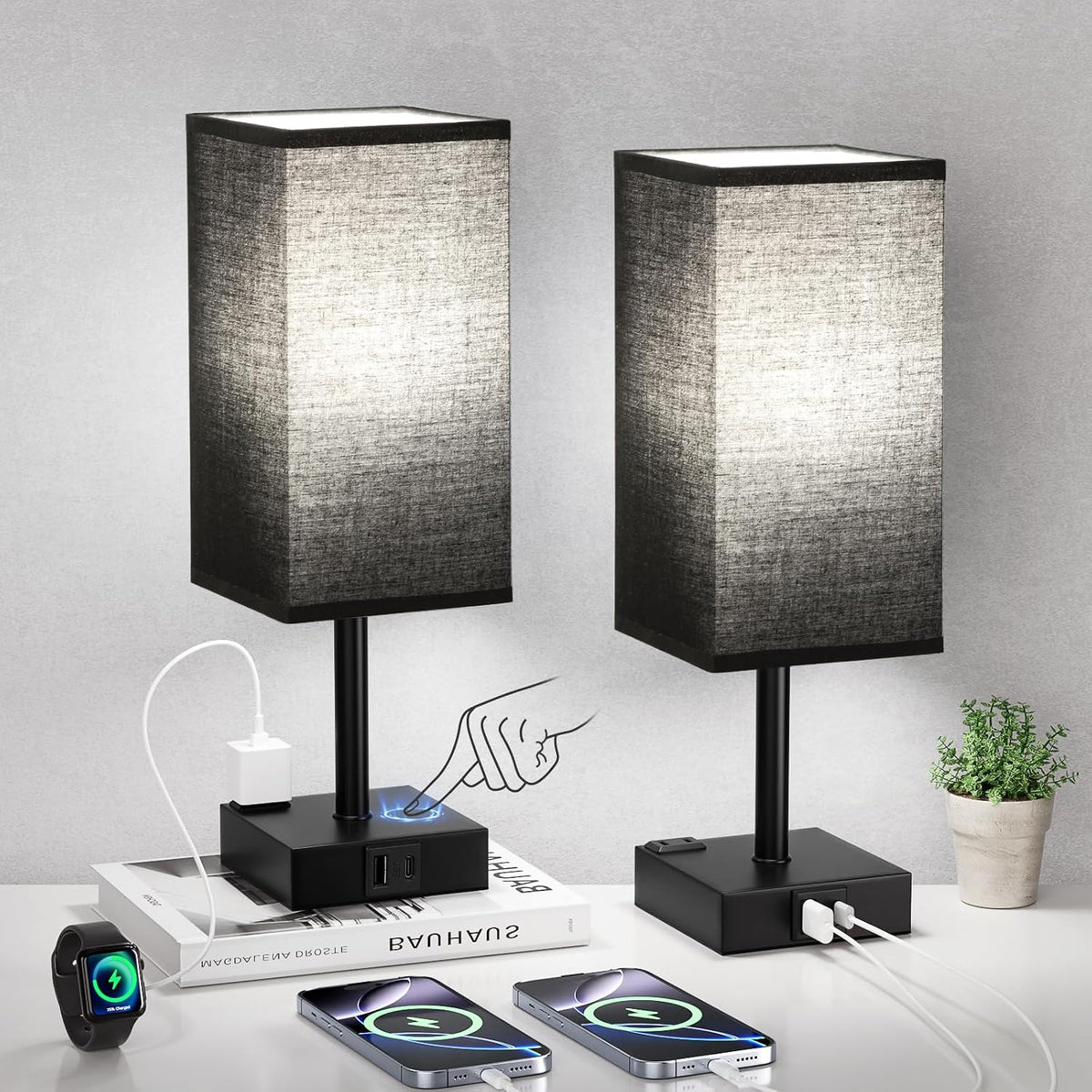 Set of 2 Black Table Lamp for Bedroom - Dimmable Touch, USB C+A, AC Outlet