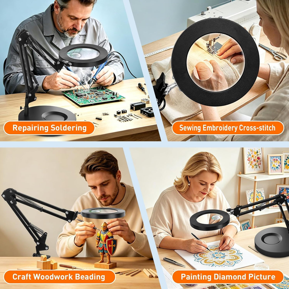 KIRKAS Magnifying Glass with Light and Stand, 12X 30X 9.06in Clamp & Base