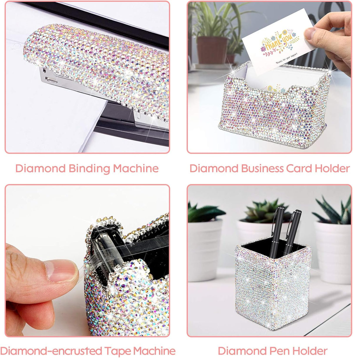 Bling Crystal Luxury Handmade Diamond Square Pencil Pen Pot Holder & Stap...