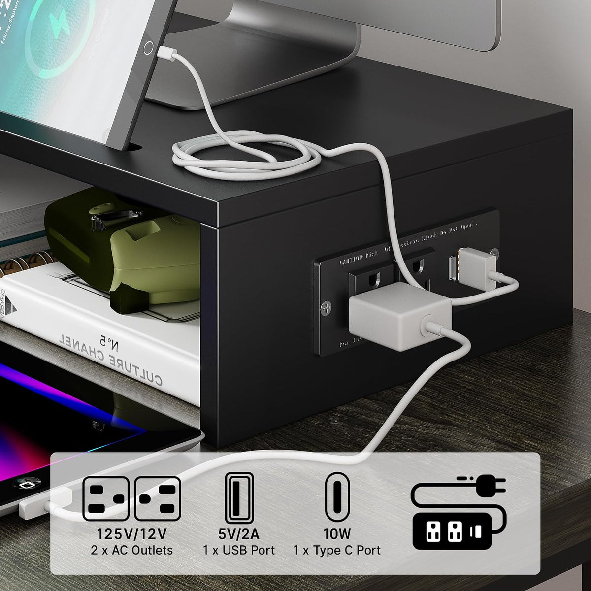 Dual Monitor Stand with USB Ports Wood Monitor Stand Riser with Drawer