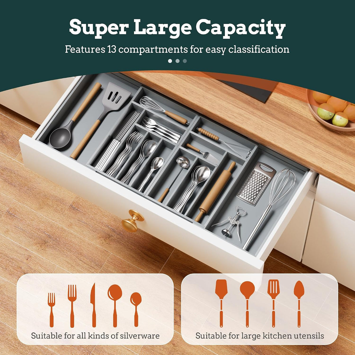 Magnetic Expandable Silverware Drawer Organizer, 13 Slots Utensil Gray