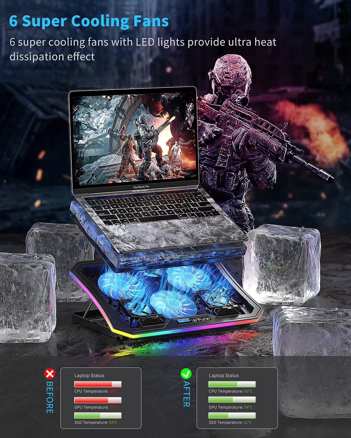KeiBn Upgarde Laptop Cooling Pad, RGB Lights Laptop Cooler 6 Fans for 15.6-17...