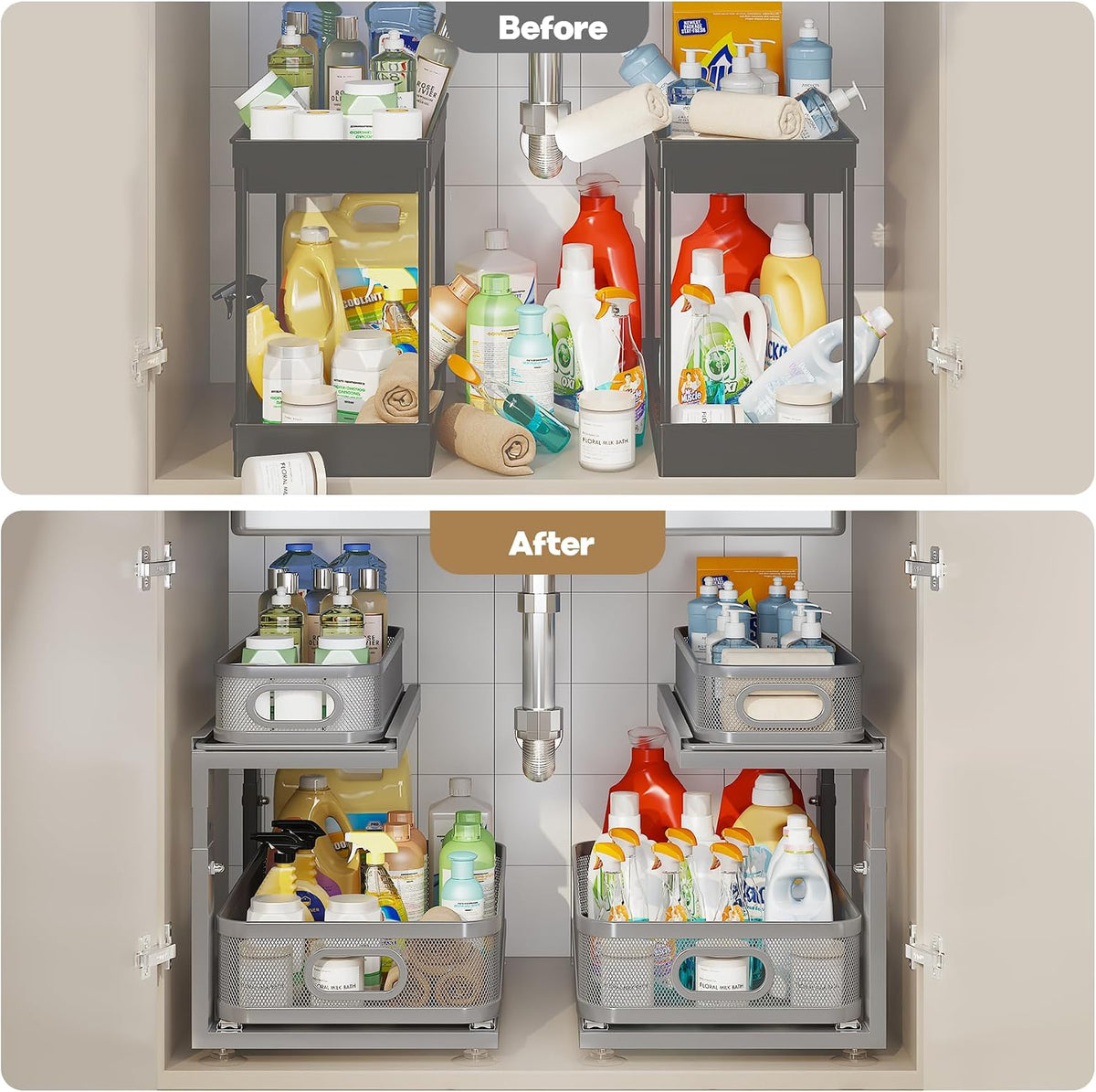 2 Pack 18.5IN-Depth Under Sink Organizer With Next-Gen Ball-Bearing Slides,2-...