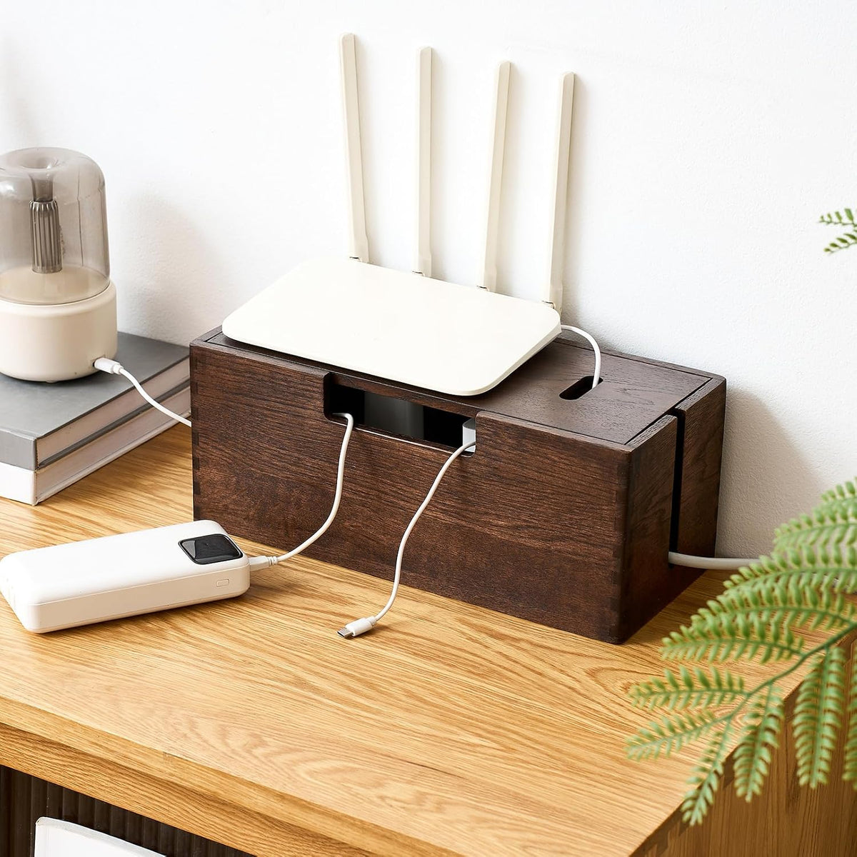 Oak Wood Cable Management Box - Large Cord Hider & Organizer with Magneti...